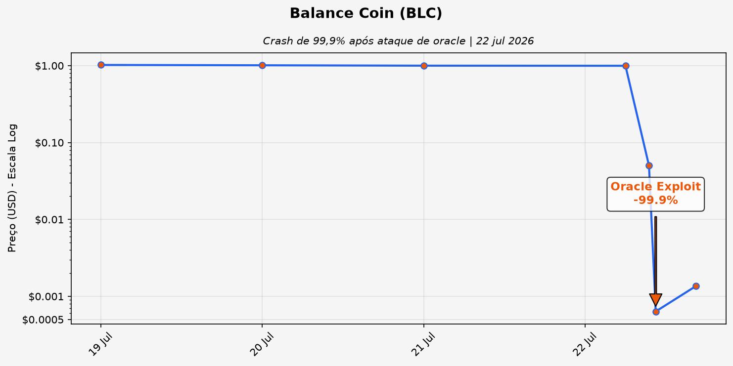 Gráfico diário Balance Coin (BLC) mostrando crash de 99,9% após ataque de oracle em 22 de julho de 2026