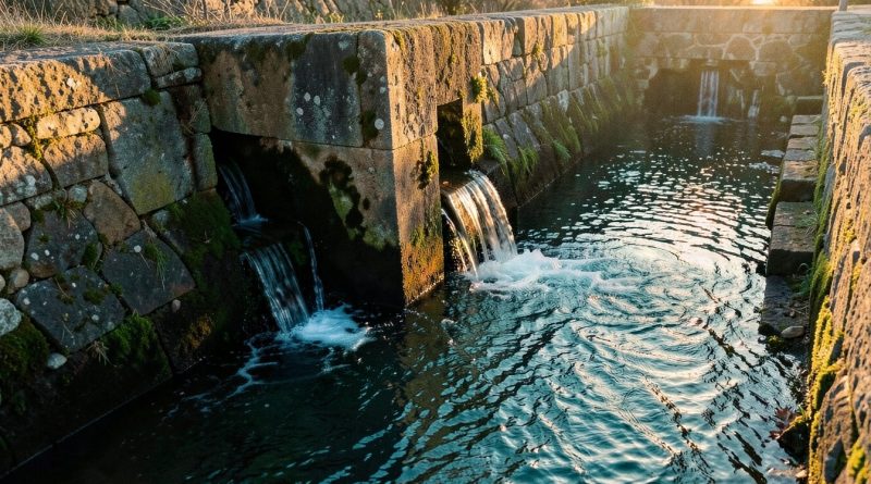 Canal de pedra com água fluindo em luz dourada - BlackRock bitcoin ether Coinbase