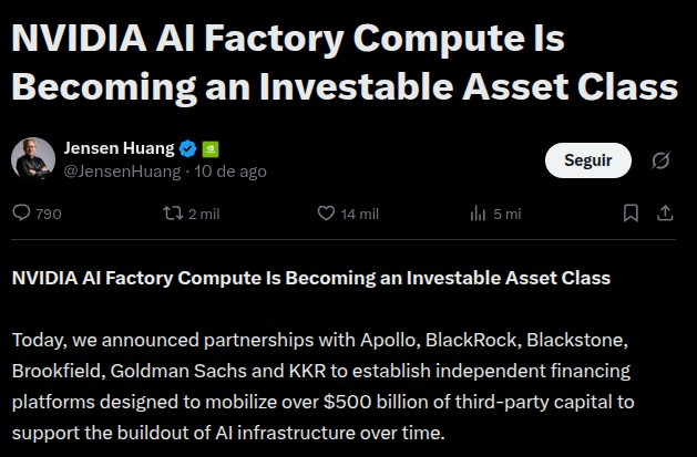 Print do post de Jensen Huang no X sobre o financiamento de IA da Nvidia