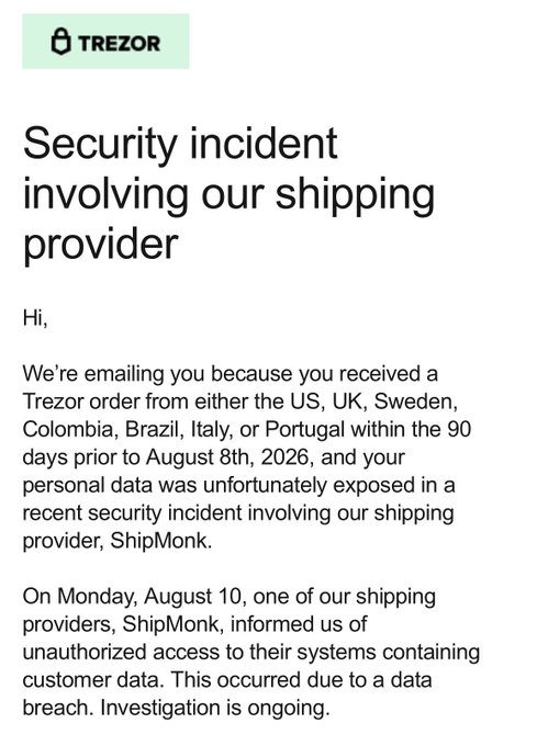 E-mail oficial da Trezor sobre o incidente de segurança na ShipMonk