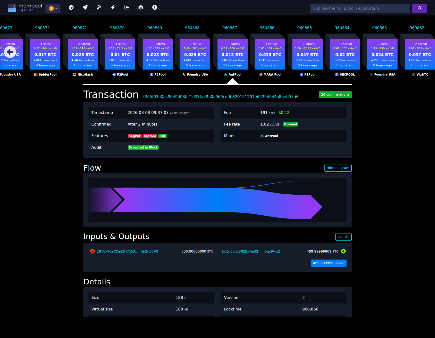 Transação de 500 BTC no explorador de blocos