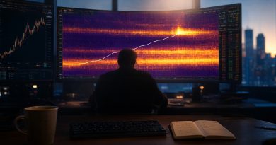 Sala de operação com telas exibindo o mapa de liquidações do bitcoin