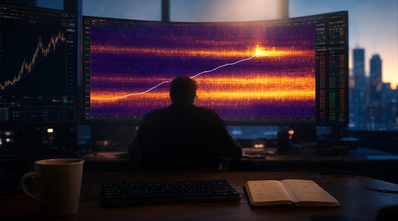 Sala de operação com telas exibindo o mapa de liquidações do bitcoin