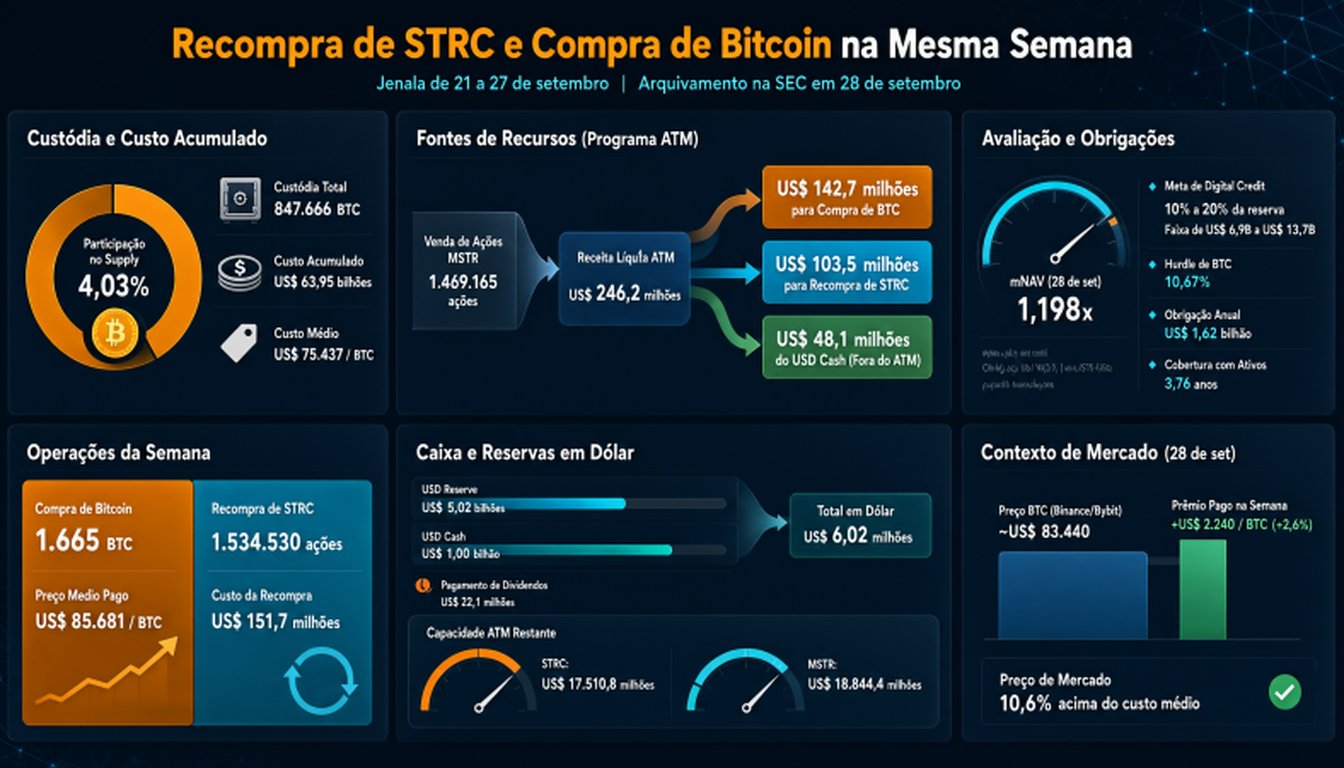 Infográfico das operações da Strategy na semana, com custódia, custo médio, divisão do caixa entre ATM e USD Cash e contexto de mercado