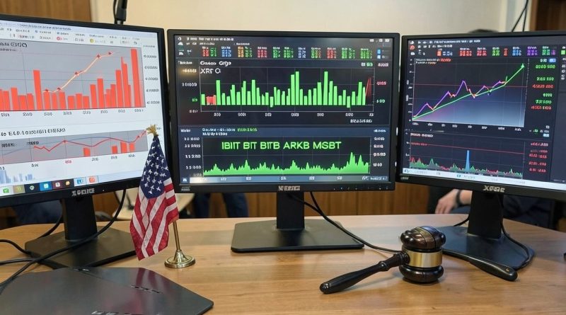 Gráfico de barras mostrando fluxo de capital nos ETFs de Bitcoin, Ethereum, XRP e Solana
