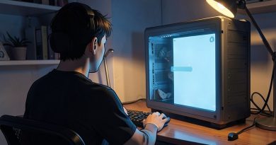 Jovem de costas, de fone, diante de uma torre de computador acesa em quarto escuro