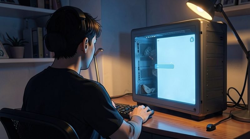 Jovem de costas, de fone, diante de uma torre de computador acesa em quarto escuro