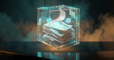 Cofre de vidro com certificados se transformando em blocos luminosos de blockchain