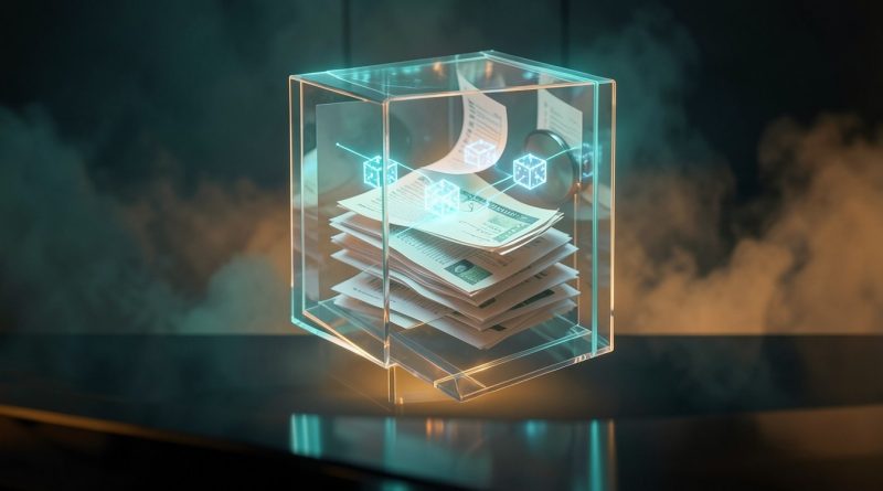 Cofre de vidro com certificados se transformando em blocos luminosos de blockchain