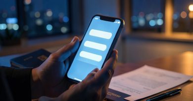 Mãos com celular à noite exibindo lista de opções, com passaporte e formulário sobre a mesa ao fundo