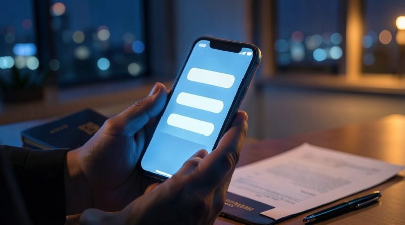 Mãos com celular à noite exibindo lista de opções, com passaporte e formulário sobre a mesa ao fundo