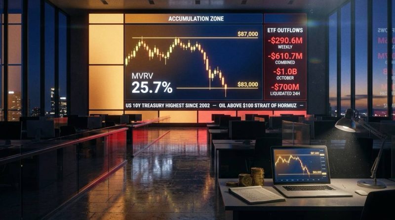Painel de mercado mostra o gráfico do bitcoin descendo depois da rejeição perto de 87 mil dólares